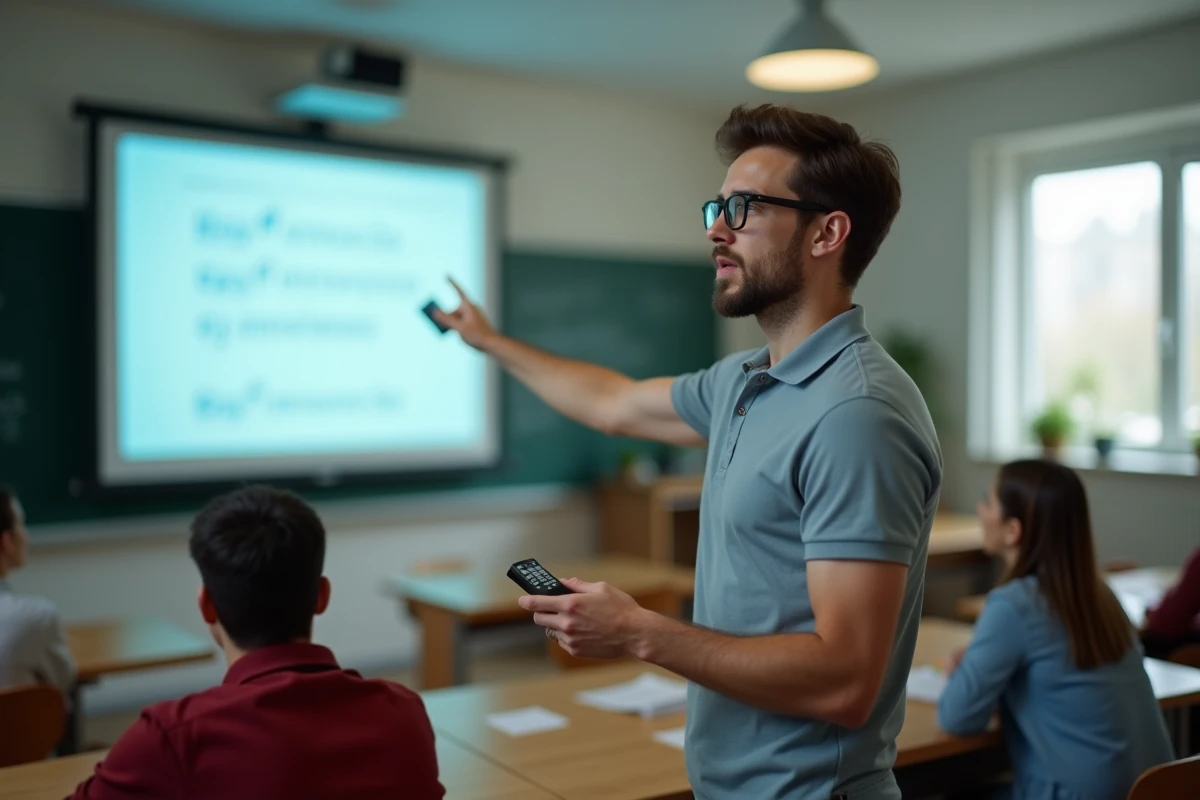 Jeune homme en classe universitaire pointant une diapositive