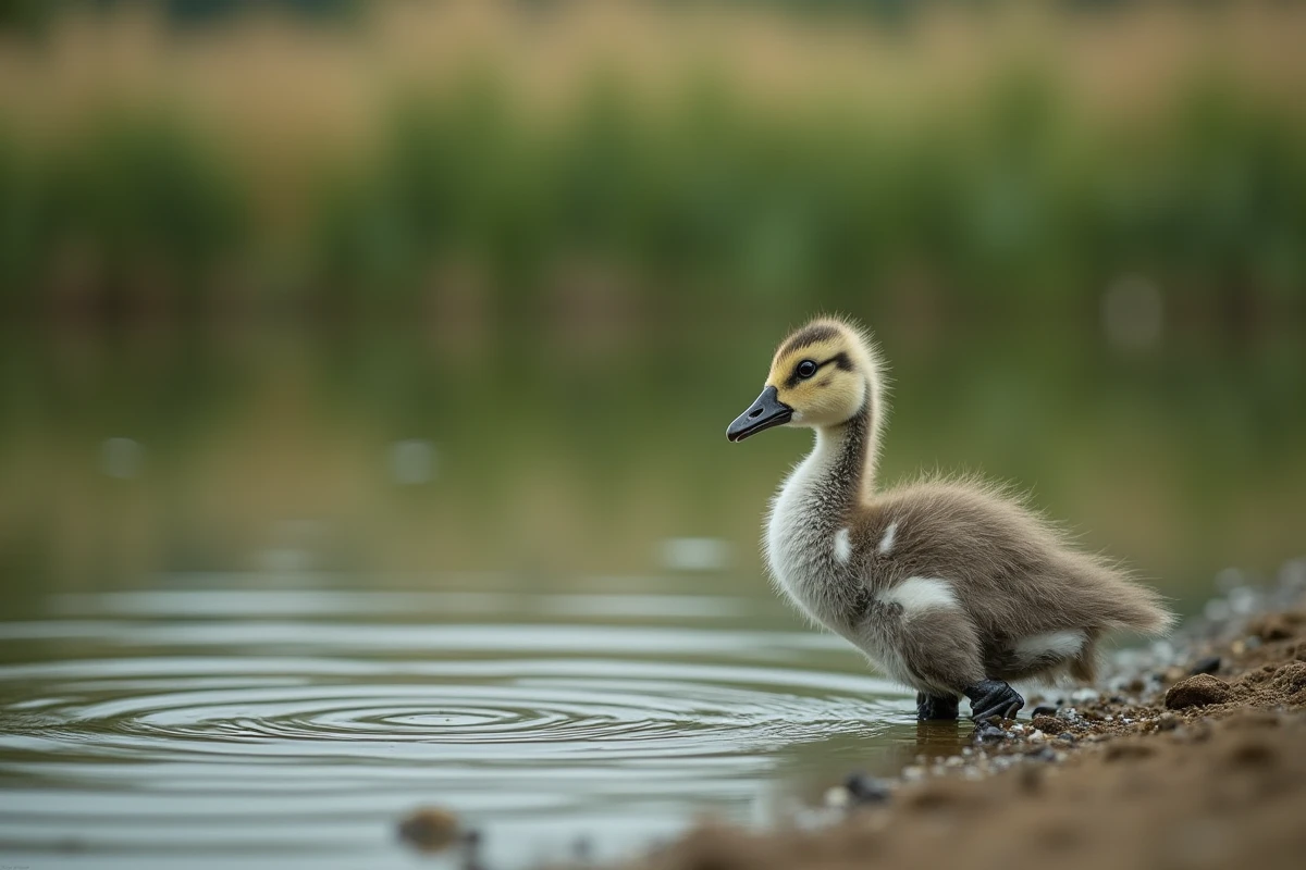 Jeune oison de quatre semaines avec un plumage en transition au bord d'un étang de ferme