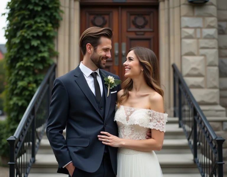 Couple élégant en tenue de mariage devant une église historique en pierre au Québec, sourires complices et atmosphère intime