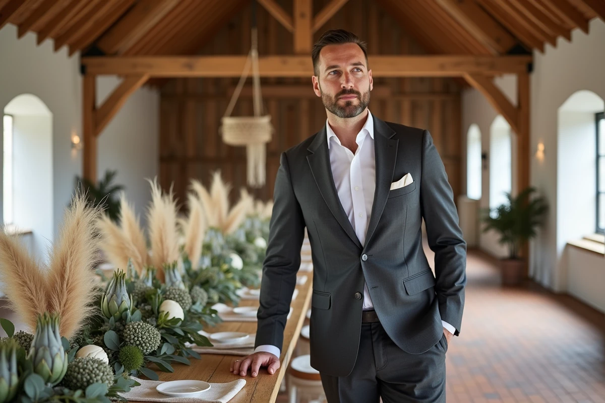 Marié en costume gris slim dans une grange rénovée décorée de fleurs séchées et de pampa pour un mariage bohème 2024
