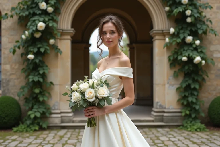 Mariée en robe de satin ivoire devant une arche en pierre fleurie de roses blanches dans la cour d'un château français