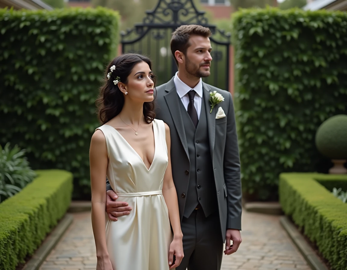 Mariés en tenue élégante dans un jardin privé pavé, atmosphère discrète et intimiste lors d'une cérémonie privée