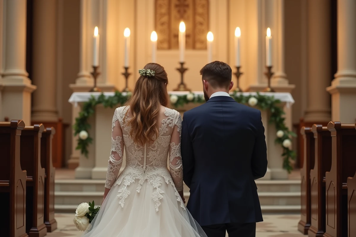 Mariés agenouillés en prière devant l'autel illuminé par six cierges lors de la cérémonie de mariage religieux à l'église