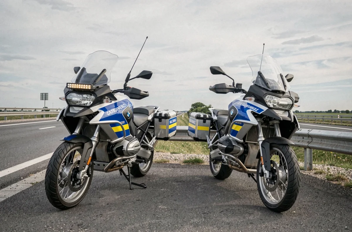 Deux motos BMW de la Gendarmerie nationale équipées de gyrophares LED sur le bord d'une autoroute française