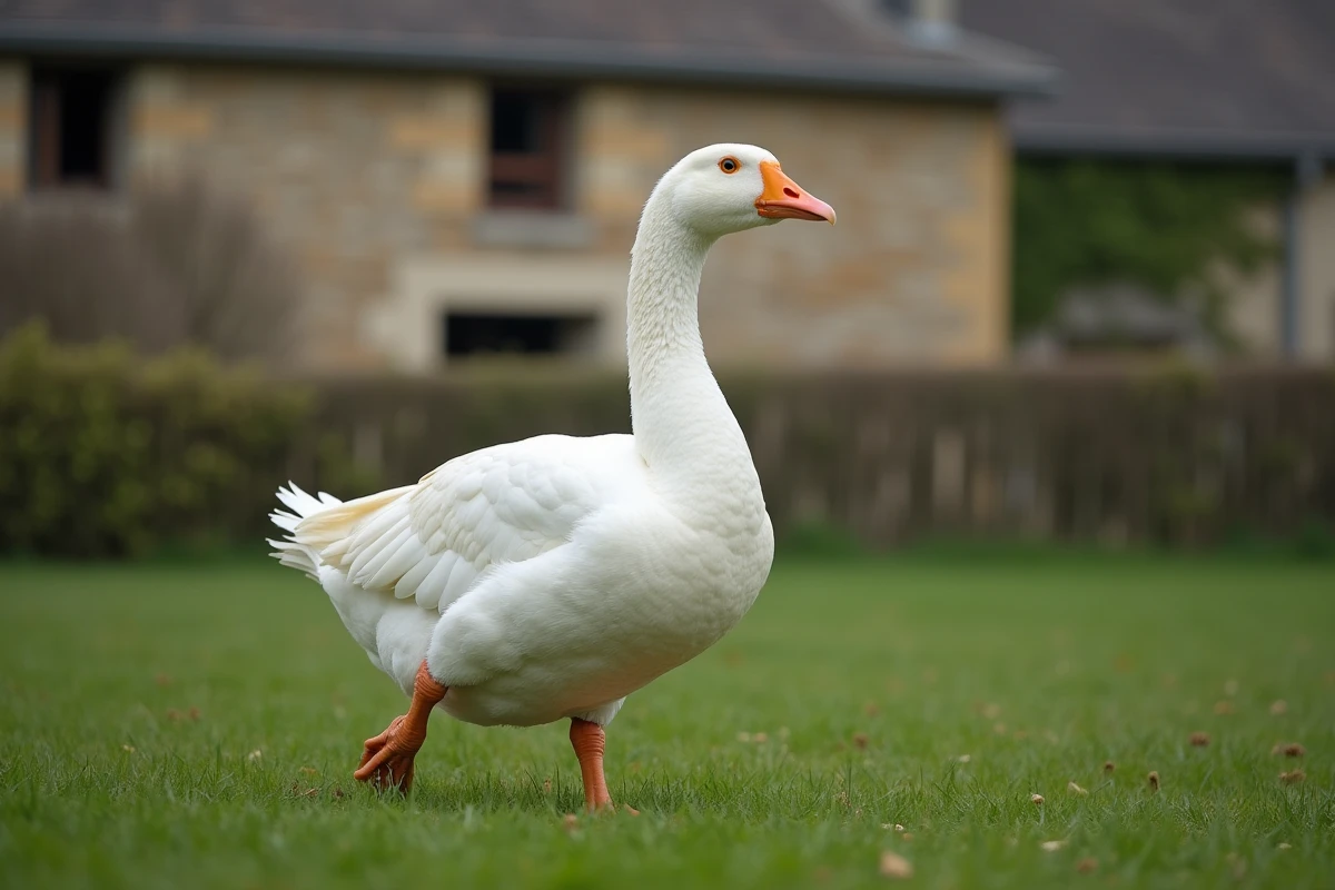 Oie adulte blanche marchant dans un pré verdoyant d'une ferme rurale française