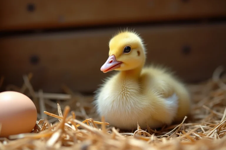 Oison nouveau-né avec son duvet jaune-gris posé sur de la paille dans une grange rustique