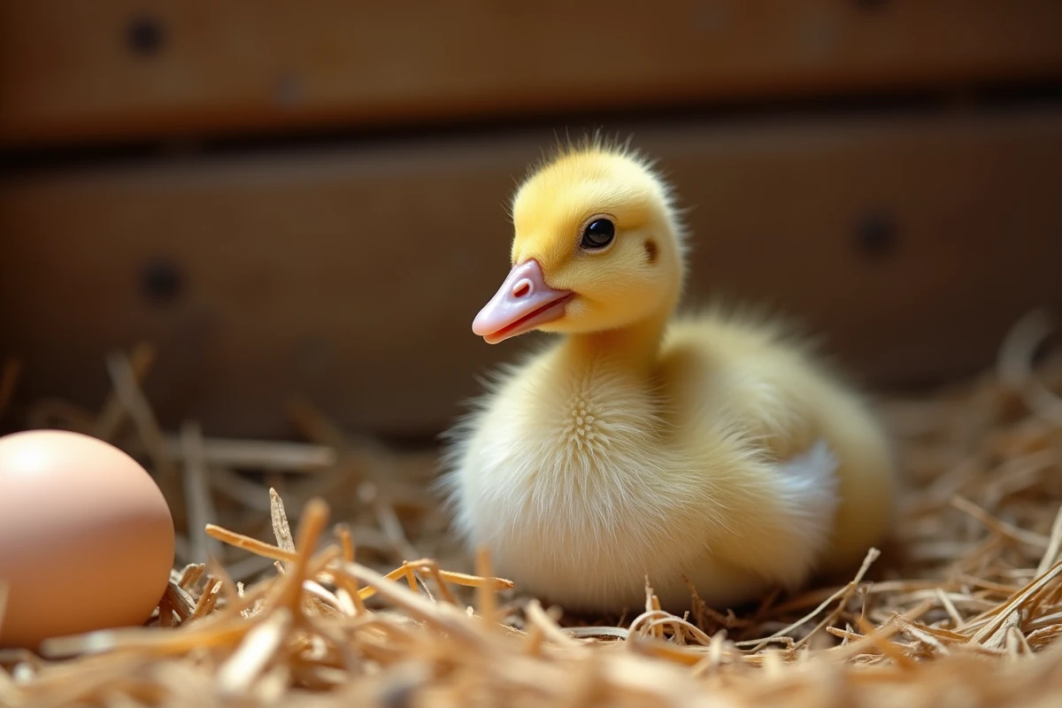 Oison nouveau-né avec son duvet jaune-gris posé sur de la paille dans une grange rustique