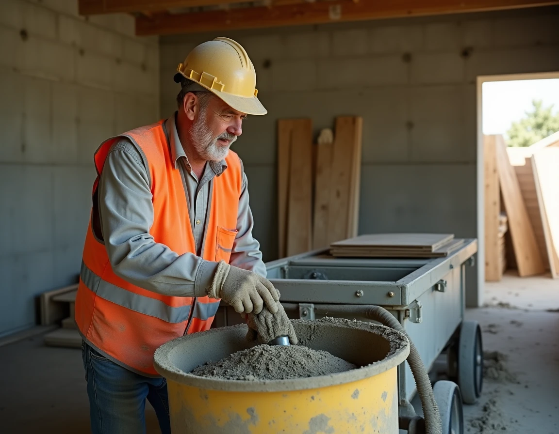 Ouvrier professionnel utilisant une pompe à chape industrielle sur un chantier de construction à Nîmes