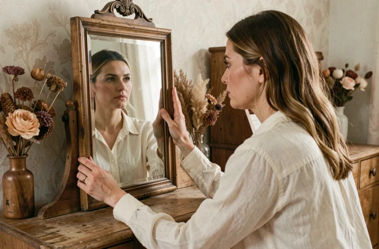 Femme contemplant sa réflexion dans un miroir ancien, symbolisant la perception de la beauté intérieure et extérieure