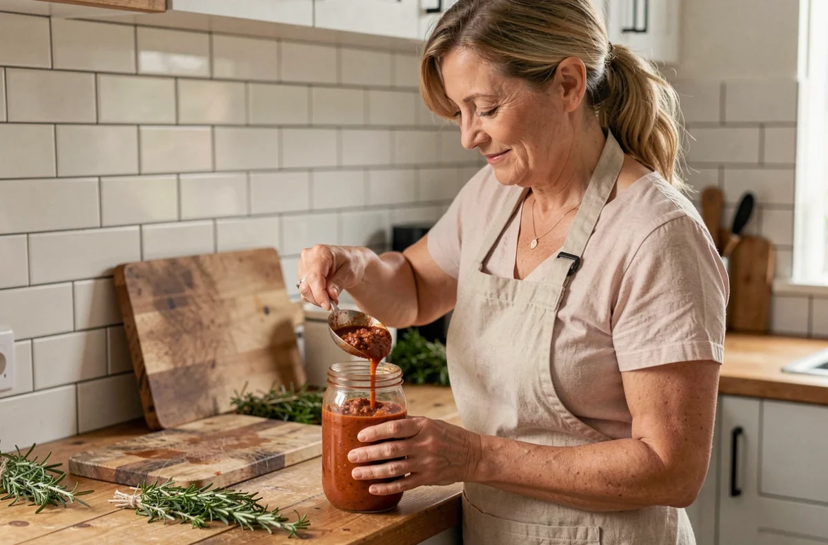 Femme préparant la conservation d'une sauce bolognaise maison dans un bocal en verre