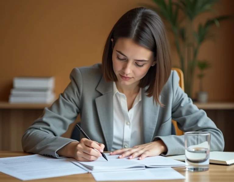 Jeune femme se préparant à un test psychotechnique en remplissant un questionnaire imprimé à son bureau
