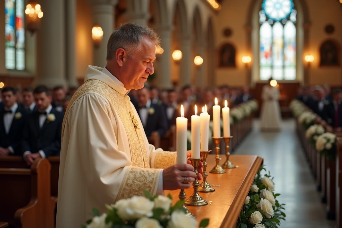 Prêtre catholique ajustant les cierges sur l'autel décoré de fleurs blanches pendant une cérémonie de mariage à l'église