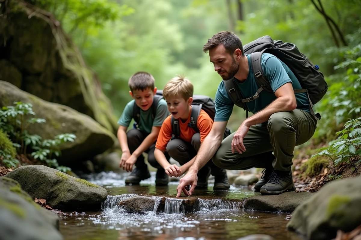 Père et deux fils explorant un ruisseau en forêt lors d'une randonnée en famille