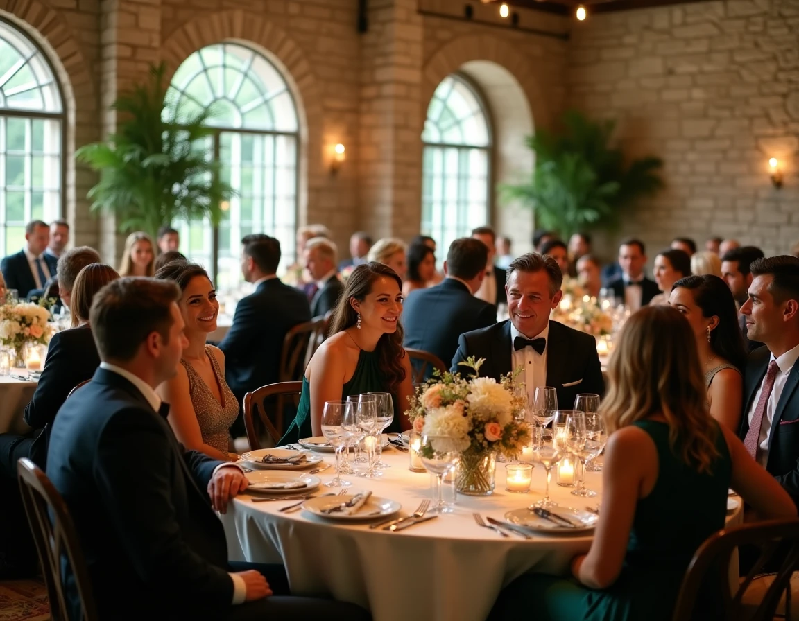 Invités élégants réunis lors d'une réception de mariage intime dans une salle en pierre avec décoration florale raffinée