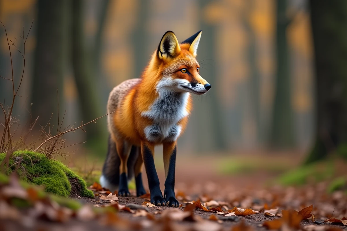 Renard roux sauvage en alerte à la lisière d'une forêt automnale avec un pelage détaillé et un fond naturel flou