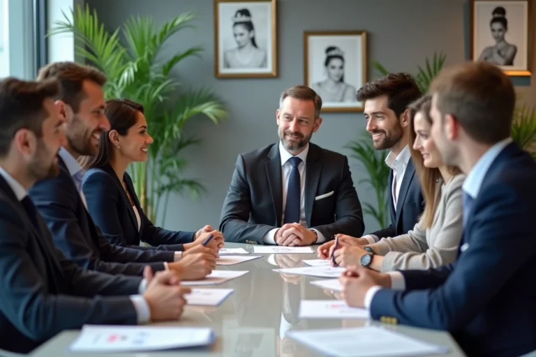 Groupe de professionnels discutant autour d'une table avec logo Miss France