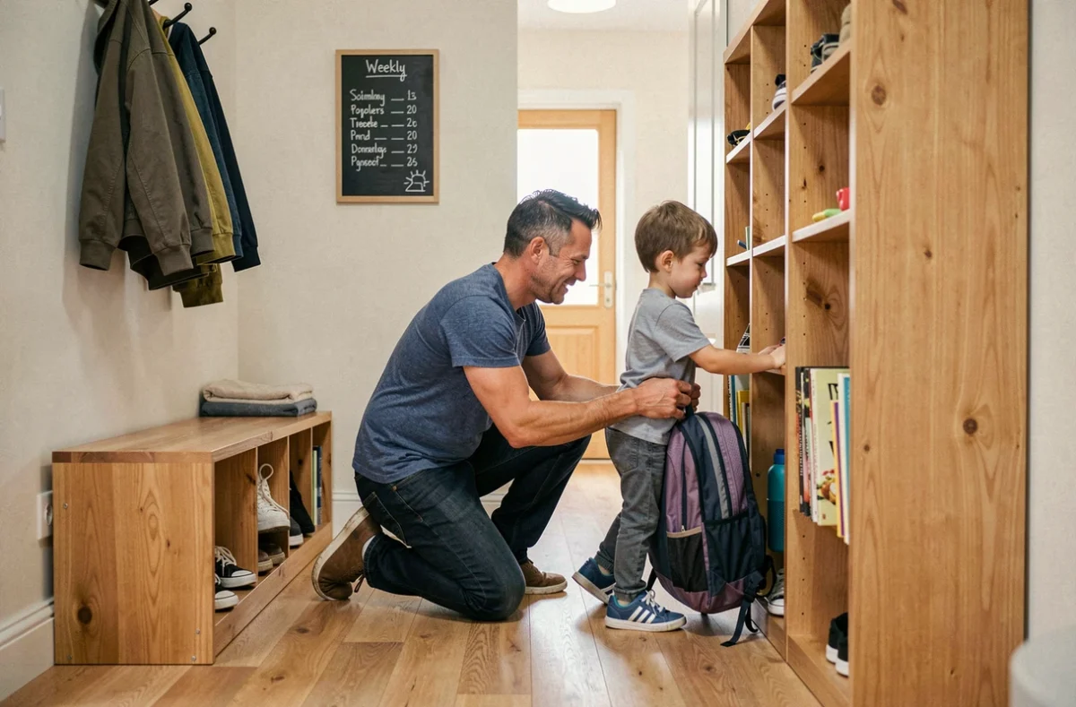 Père et fils rangeant le sac à dos et les affaires dans un meuble d'entrée organisé pour une routine matinale efficace en famille