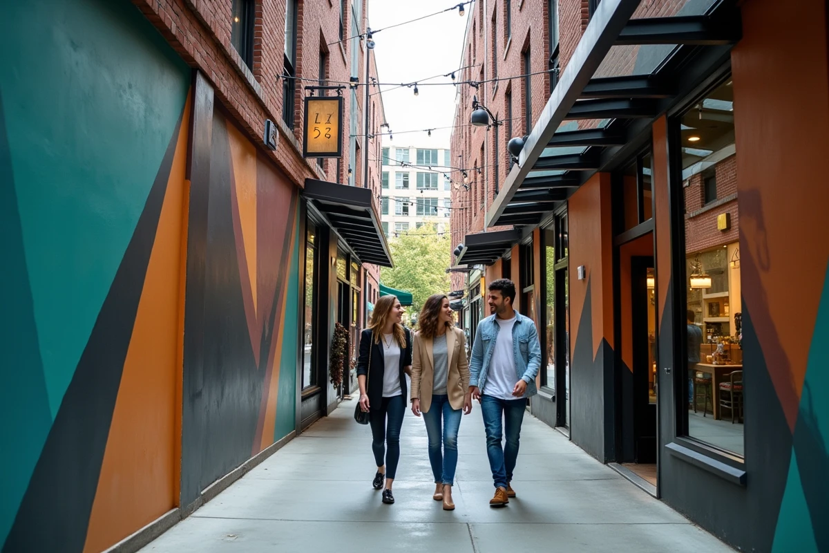 Ruelle urbaine réhabilitée en passage piéton créatif avec fresques murales géométriques colorées, verrières en acier et boutiques indépendantes en ville moderne