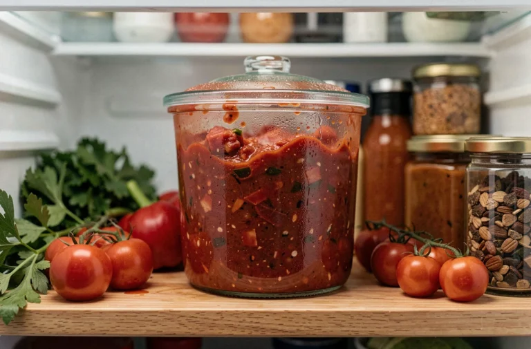 Sauce bolognaise maison conservée dans un récipient hermétique en verre au réfrigérateur