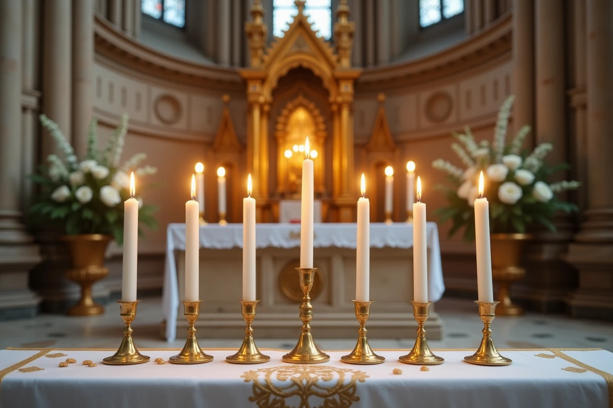 Six cierges blancs allumés sur un autel catholique en pierre lors d'une cérémonie de mariage religieux dans une église gothique française