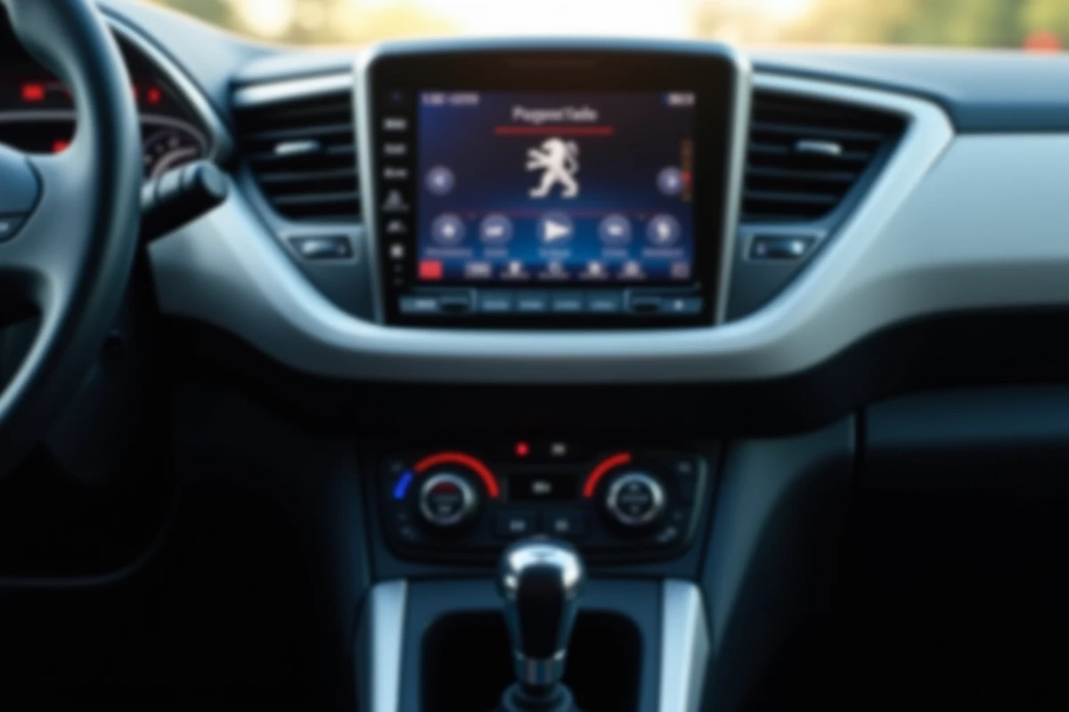 Gros plan sur le tableau de bord et l'écran multimédia d'un Peugeot 2008 avec contrôles audio
