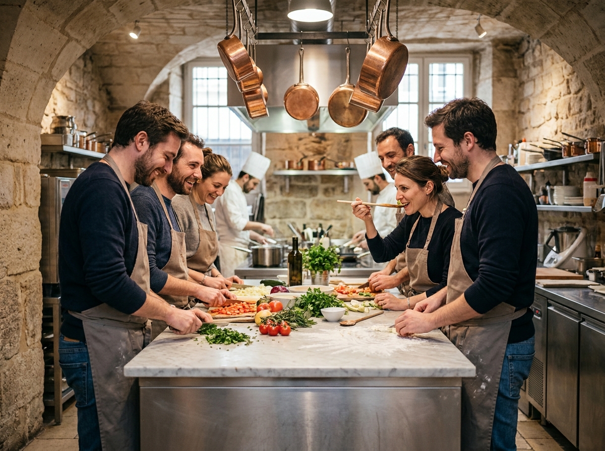 Collègues souriants qui cuisinent ensemble lors d'un team building gastronomique dans un atelier culinaire parisien