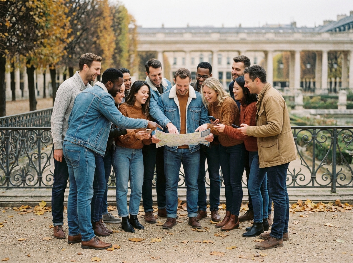 Groupe de collègues participant à une chasse au trésor urbaine en équipe dans les jardins du Palais-Royal à Paris