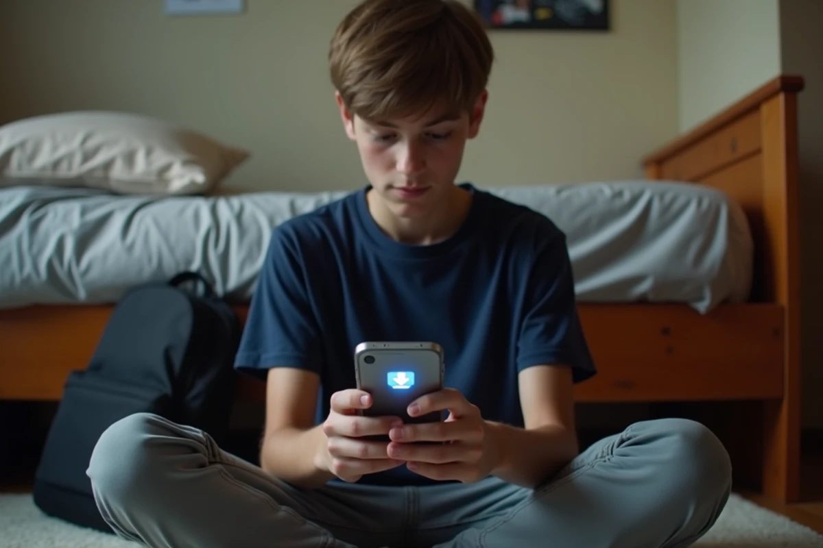 Adolescent téléchargeant une application sur iPhone dans sa chambre avec une barre de progression visible