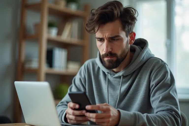 Jeune homme téléchargeant une application tierce sur son iPhone depuis un bureau minimaliste