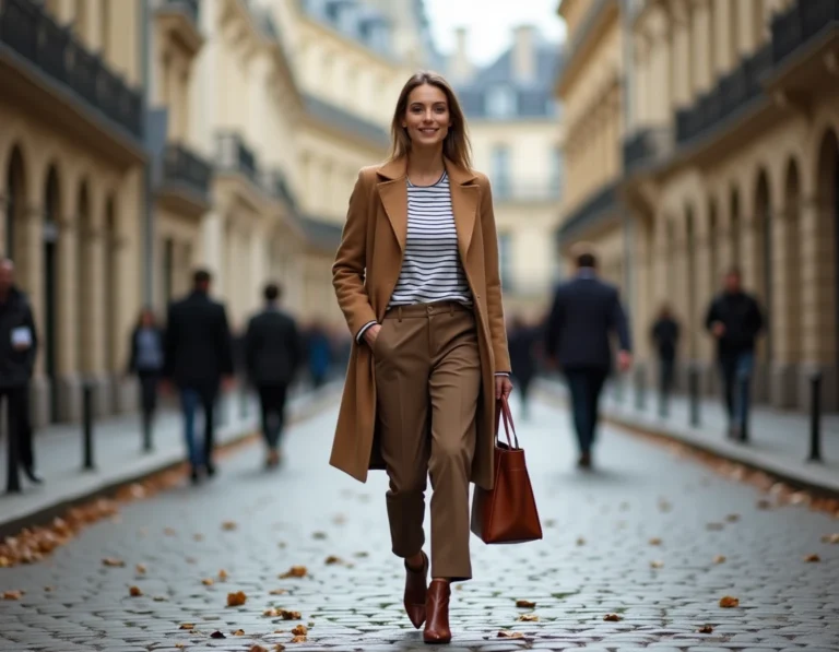Femme parisienne élégante portant un manteau camel et un top rayé breton, marchant sur les pavés au bord de la Seine avec des immeubles haussmanniens en arrière-plan flou