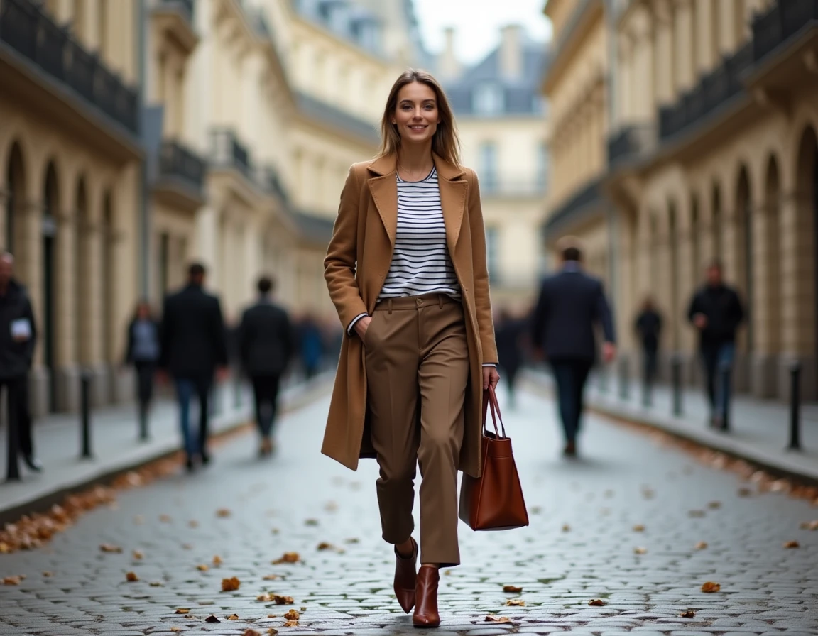 Femme parisienne élégante portant un manteau camel et un top rayé breton, marchant sur les pavés au bord de la Seine avec des immeubles haussmanniens en arrière-plan flou
