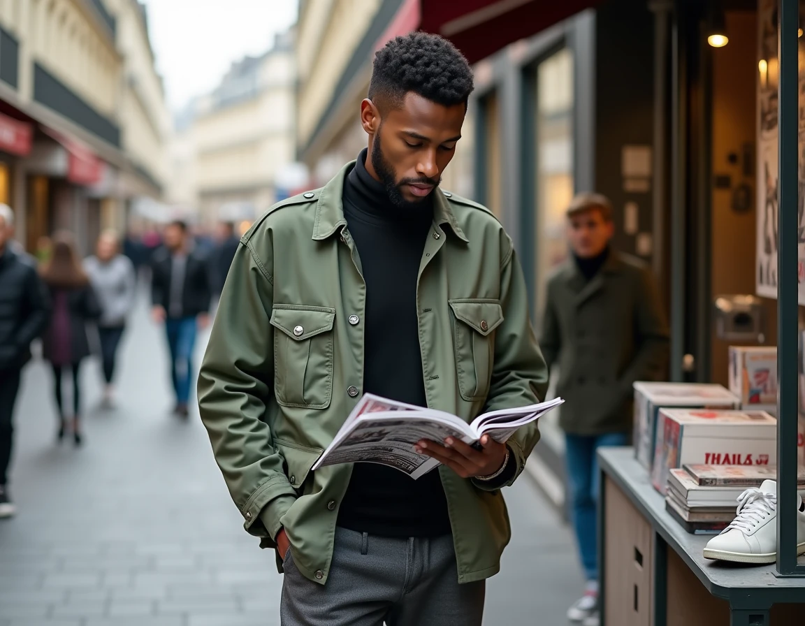 Homme stylé dans le Marais à Paris portant une veste utility vert sauge et un col roulé noir, feuilletant des magazines de mode à un kiosque parisien