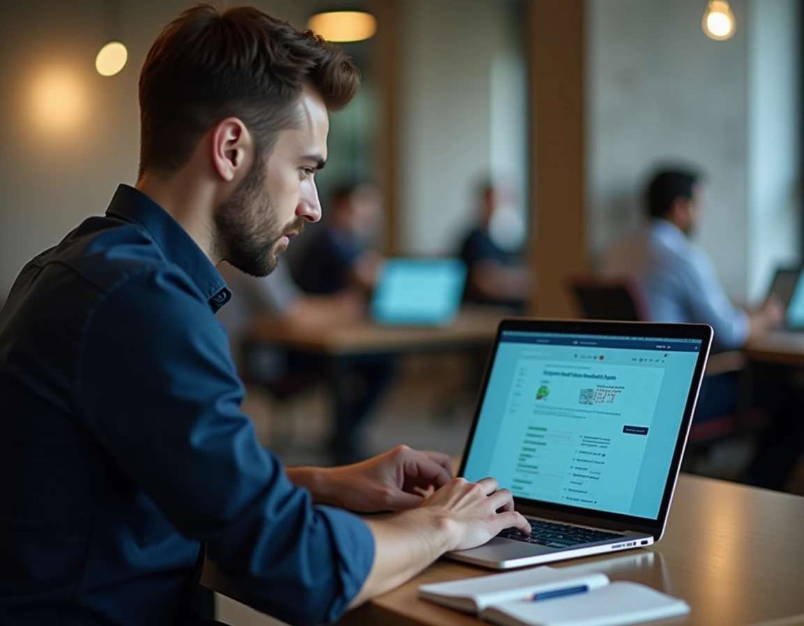 Homme passant un test psychotechnique numérique sur ordinateur portable dans un espace de coworking