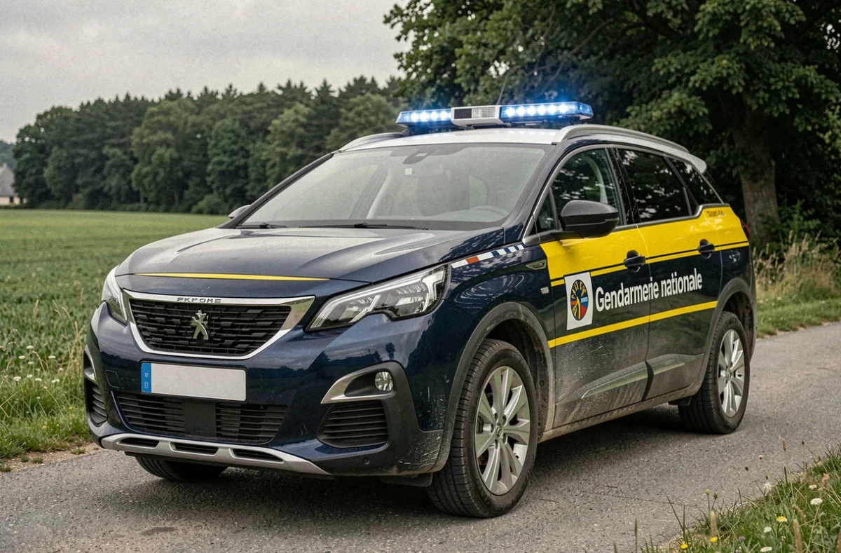 Véhicule de patrouille de la Gendarmerie nationale en zone rurale avec équipements LED et marquage officiel