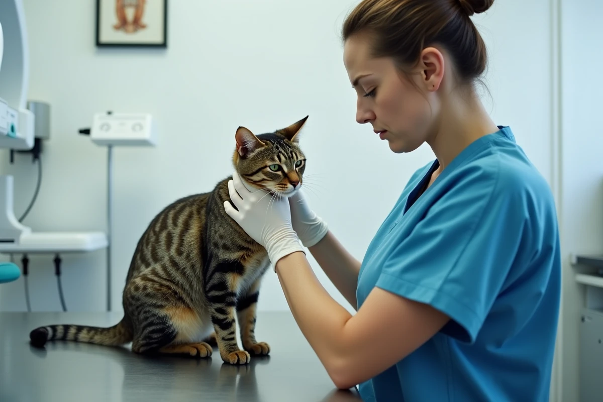 Vétérinaire en blouse médicale examinant un chat tigré calme sur une table d'examen dans une clinique vétérinaire moderne